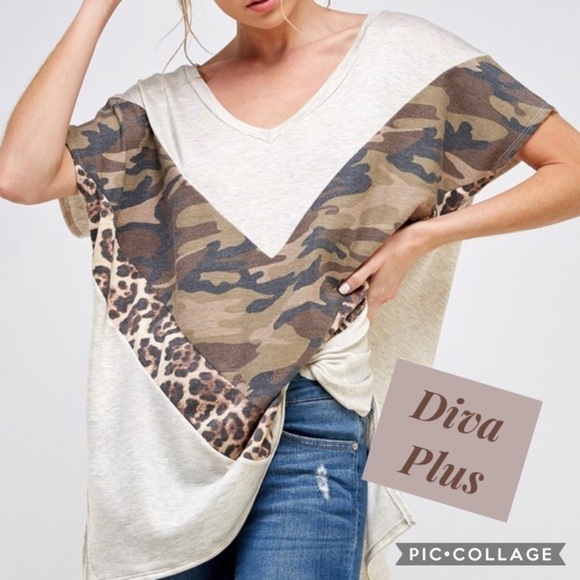 Blu Trends Tops - Curvy Divas: Oatmeal T-Shirt w/Leopard Print